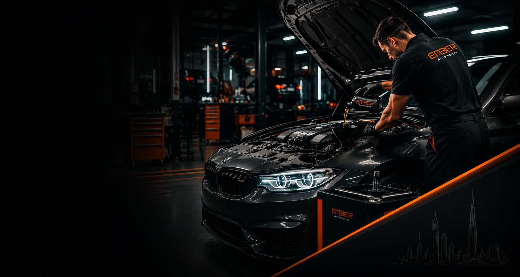 Professional car oil change Dubai — synthetic and semi-synthetic oils at Ember Automotive DIP 2
